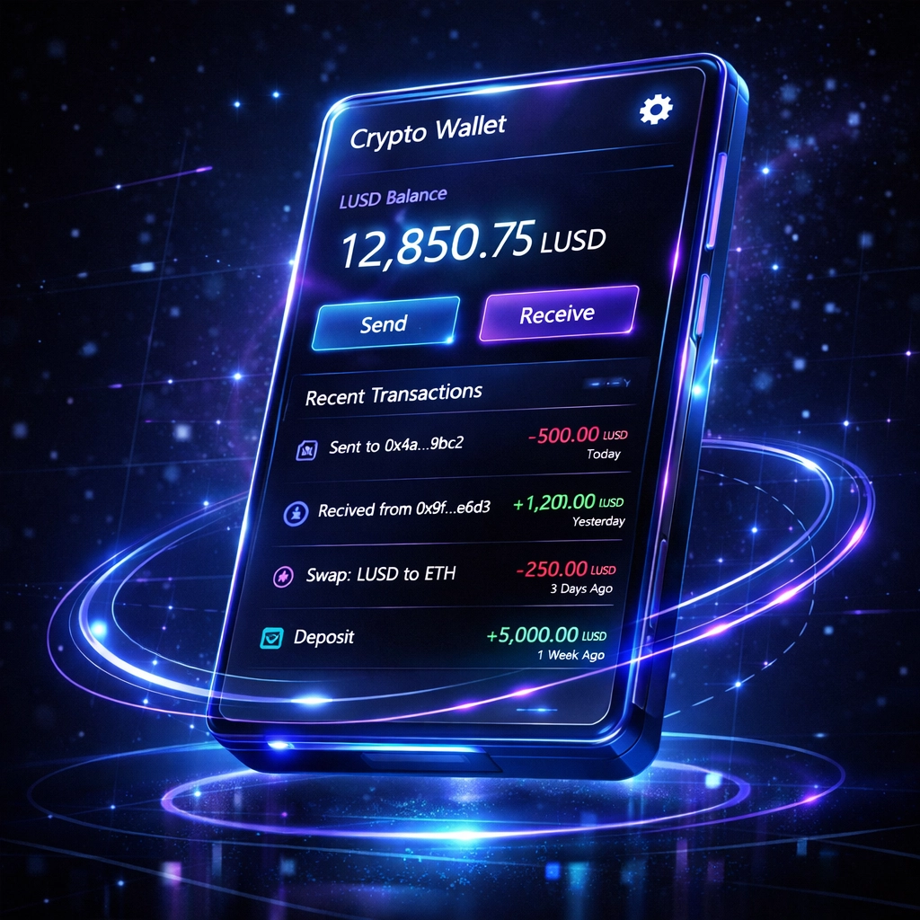 Self-custody crypto wallet dashboard showing LUSD balance for merchant payments