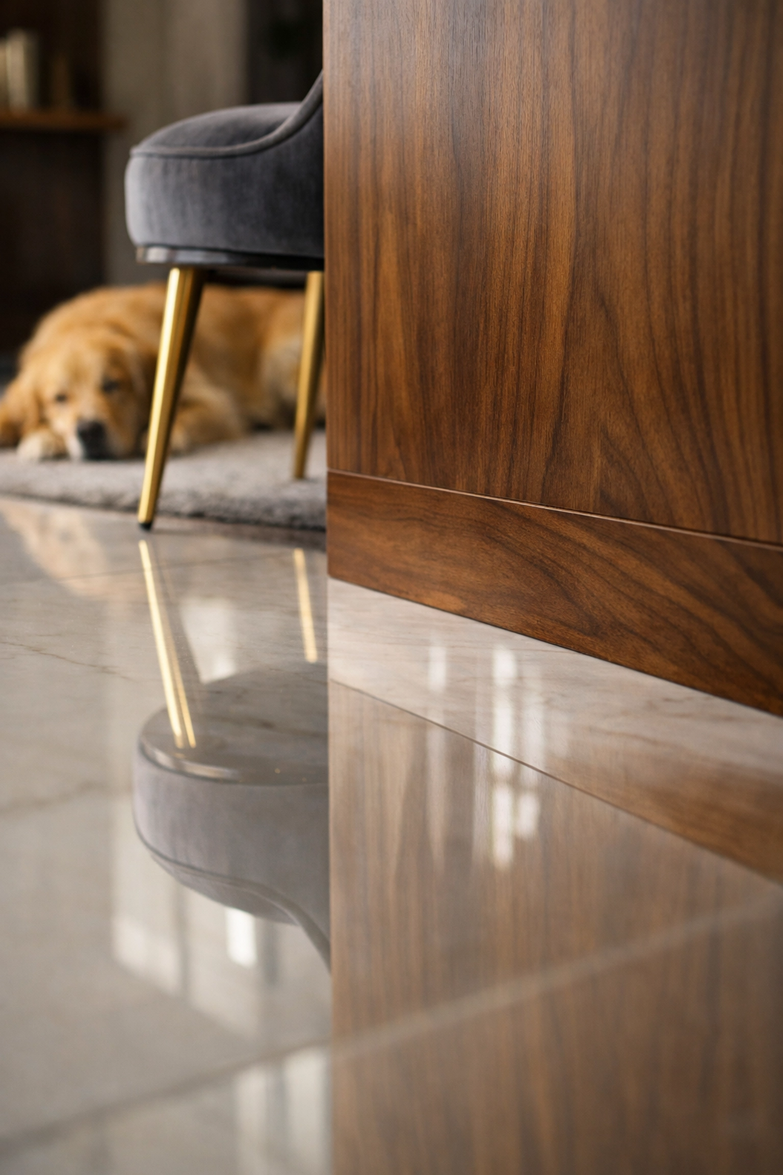 Impeccable marble floors and clean rugs in a pet-friendly home with bi weekly house cleaning.