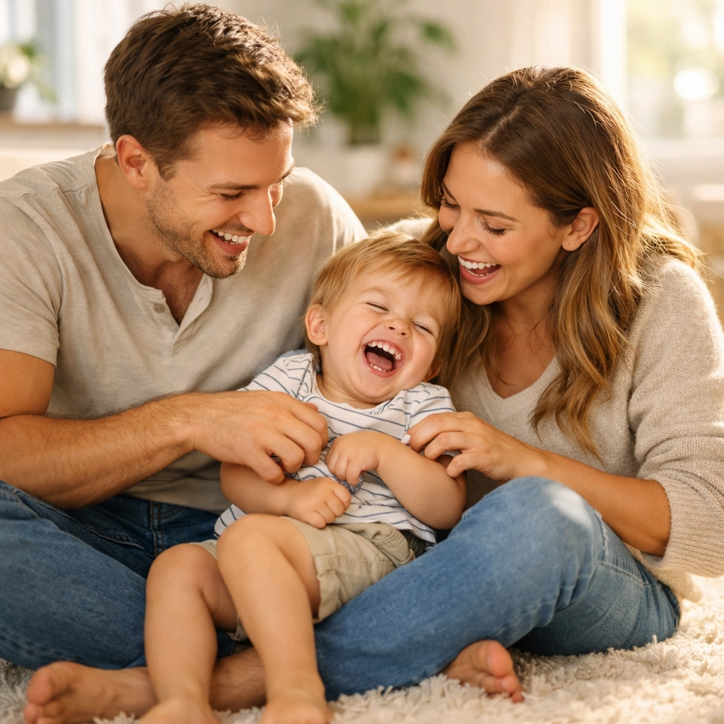 Happy family playing in a sun-drenched living room, representing financial security through life insurance.