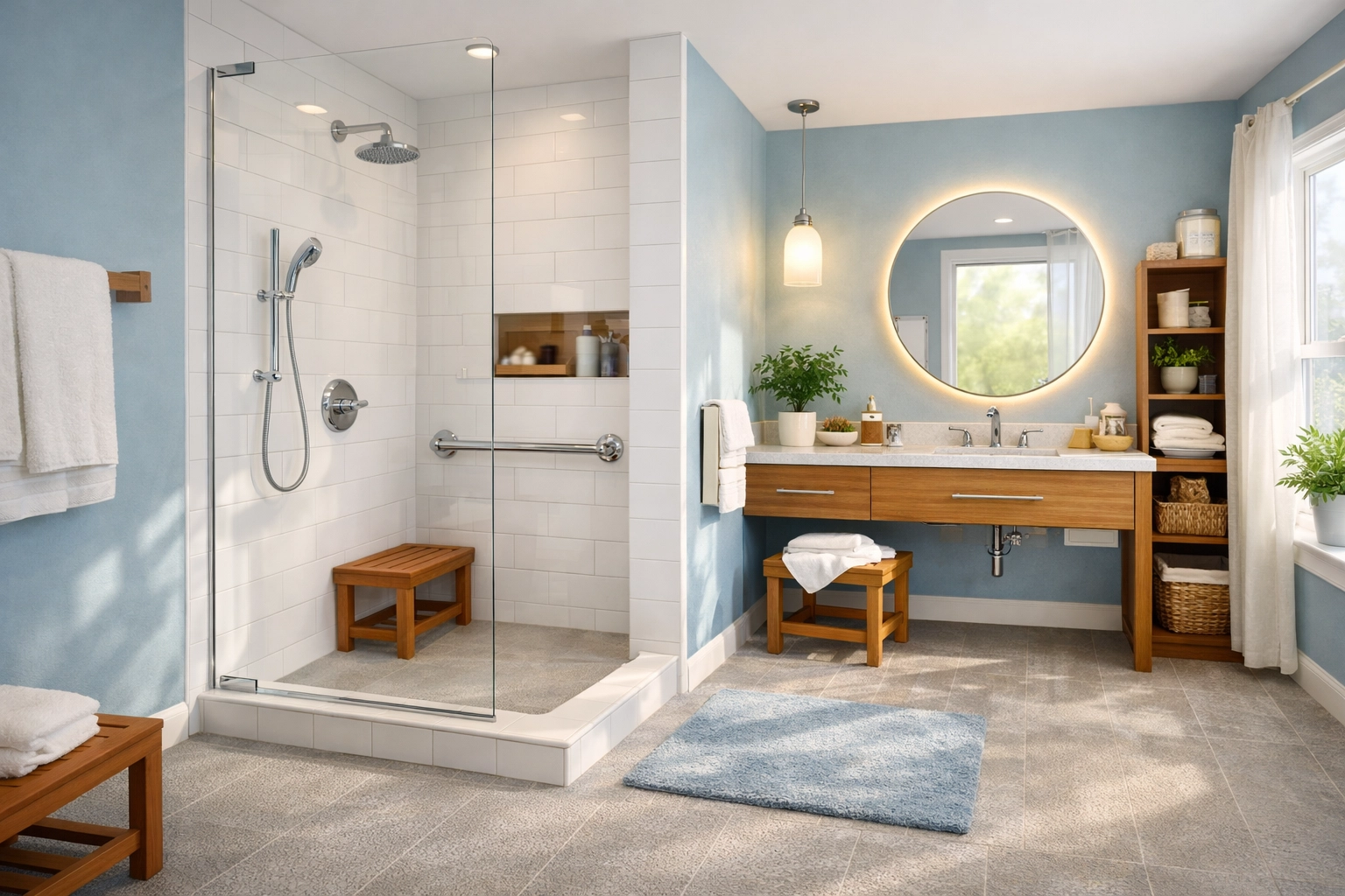 Safe bathroom design for seniors featuring a securely installed grab bar and non-slip textured flooring.