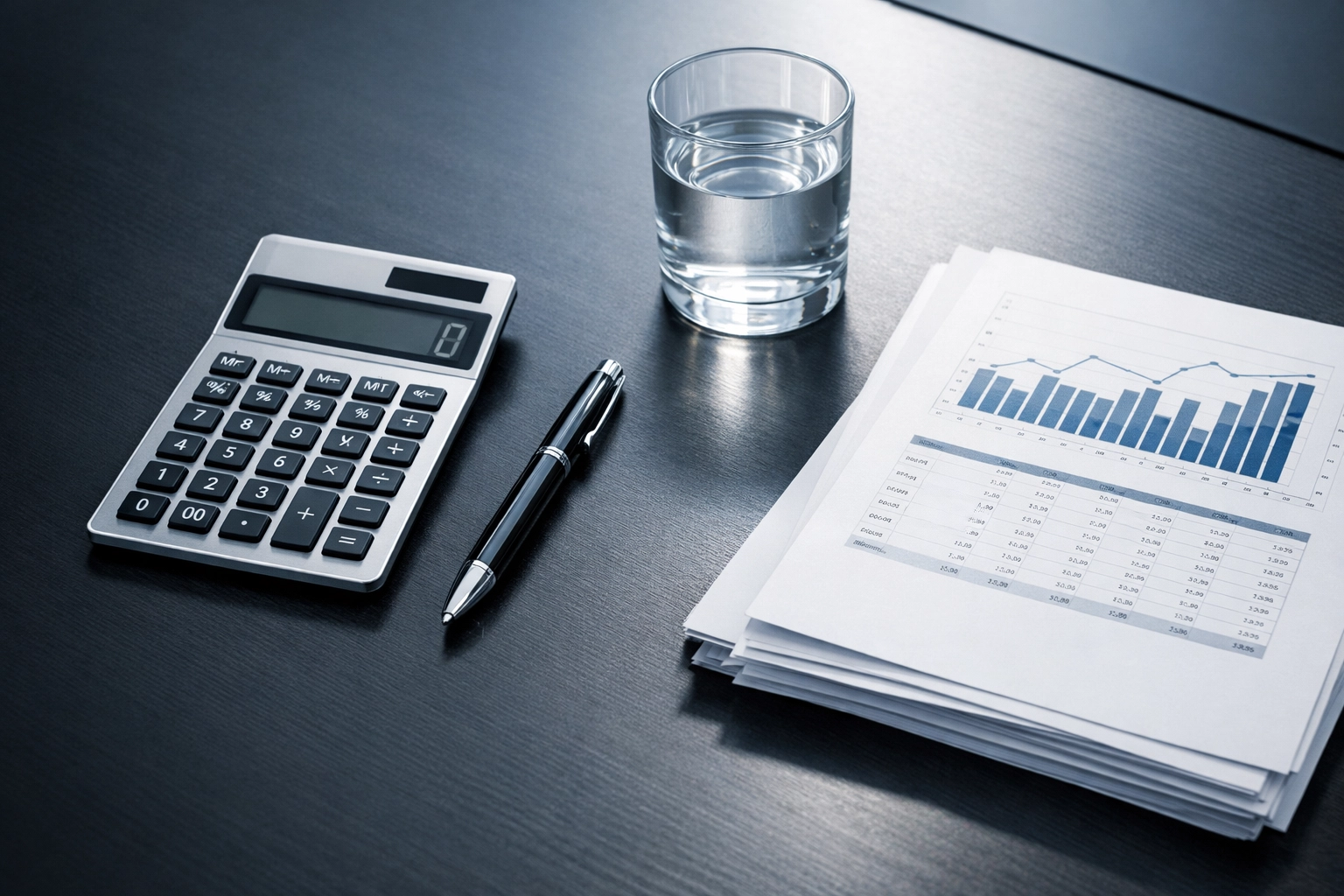 Professional desk with calculator and reports for same-day business funding ROI analysis.