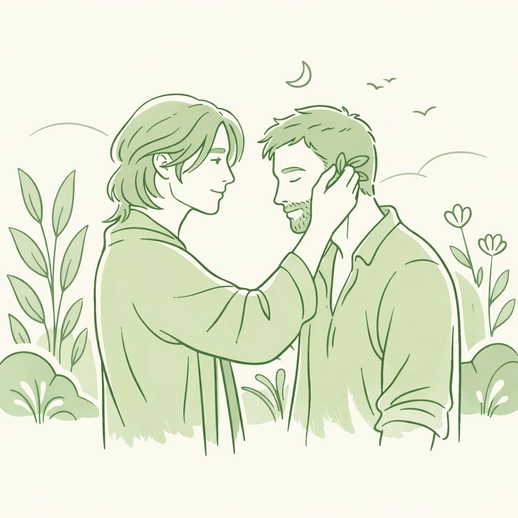 Minimalist illustration of two men in a garden, celebrating non-binary identity and queer self-discovery.