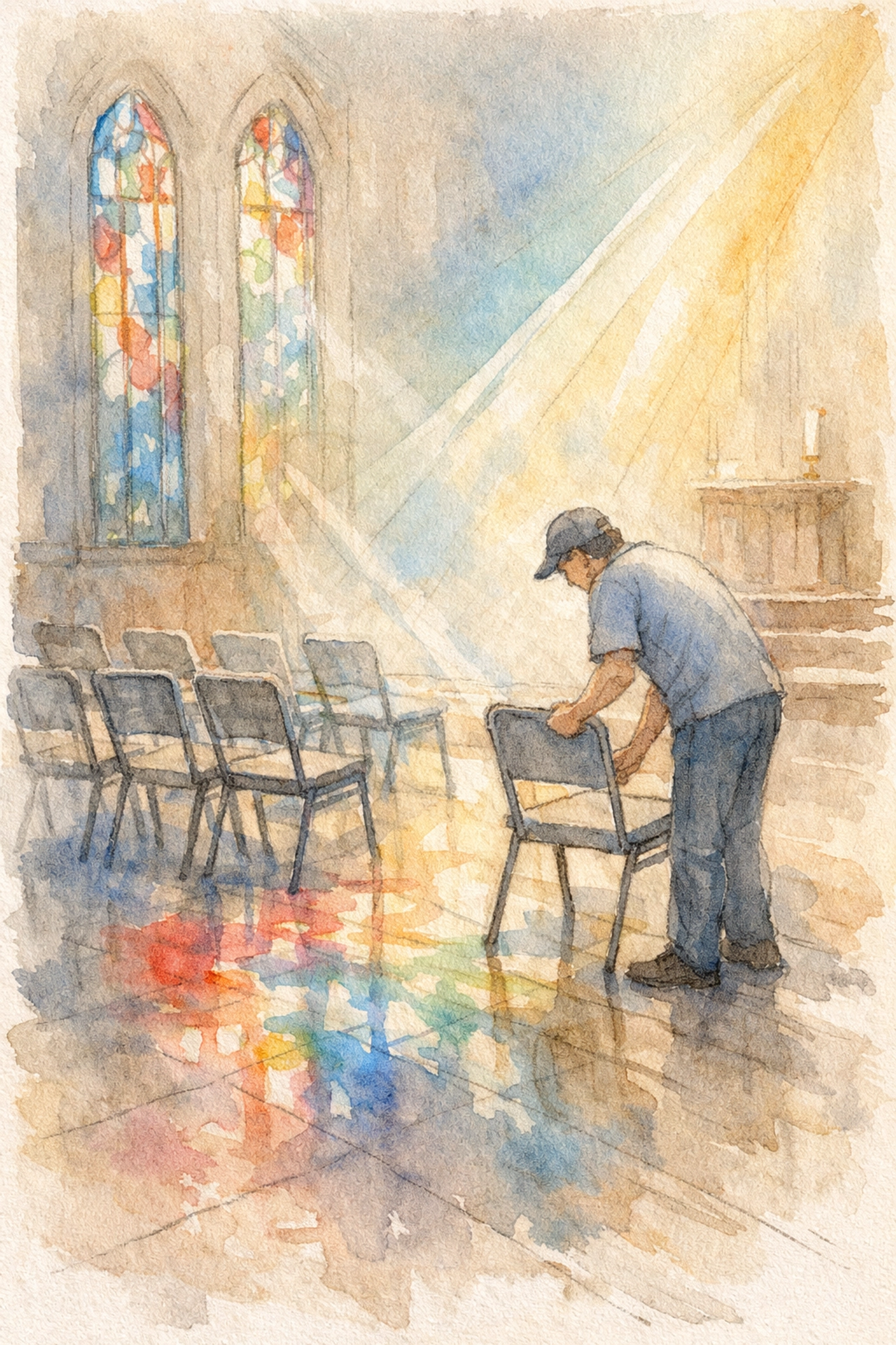 Church volunteer setting up chairs in sanctuary, serving with sacred purpose and calling