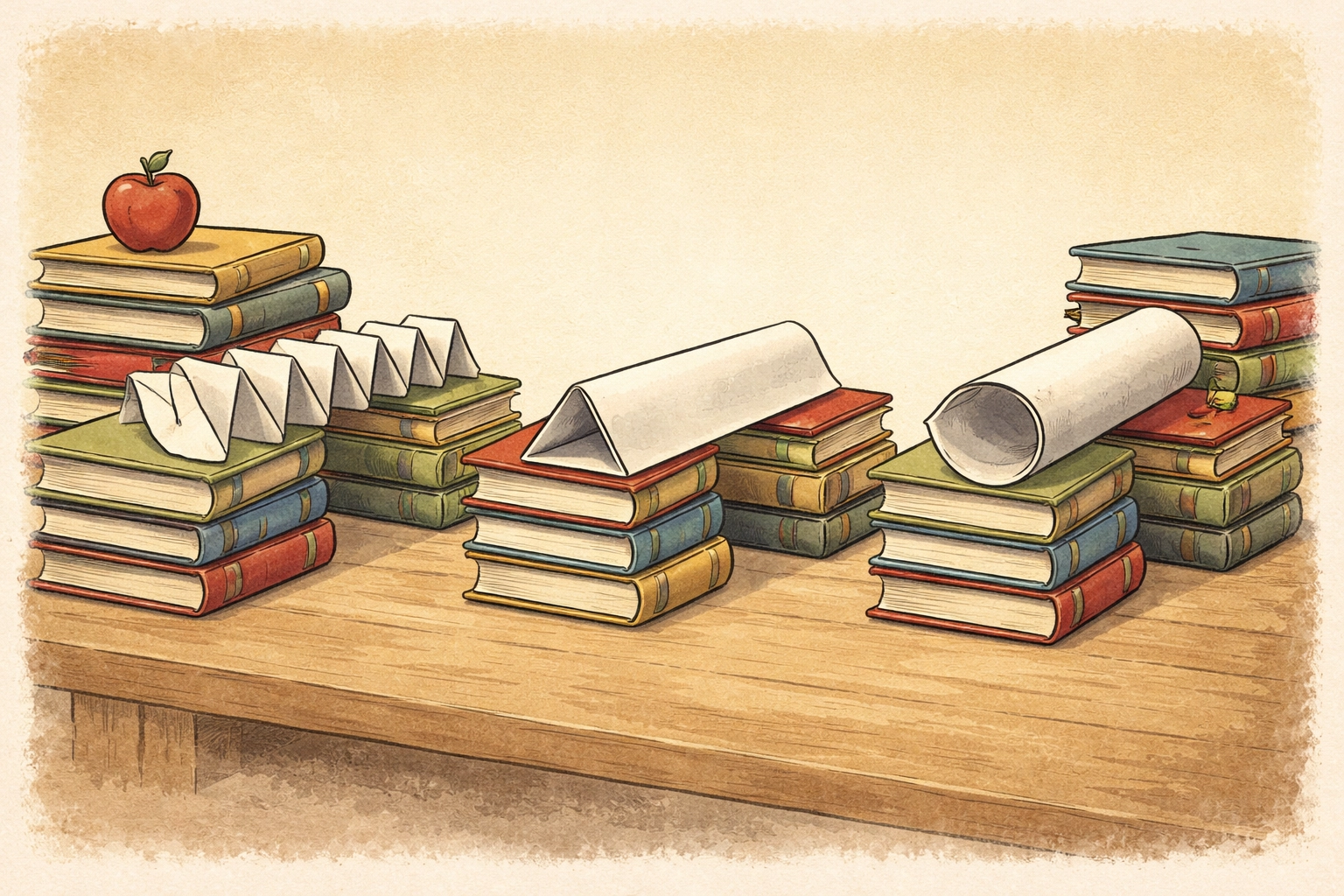 Three different paper bridge designs, accordion fold, triangular prism, and cylinder, side by side between book stacks