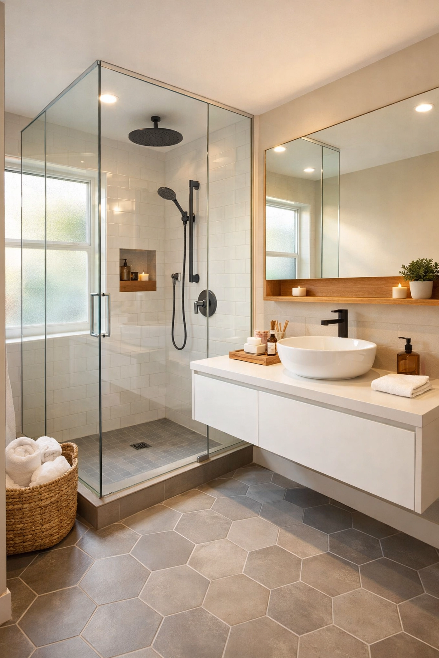 Modern bathroom renovation Vancouver featuring walk-in shower and floating vanity