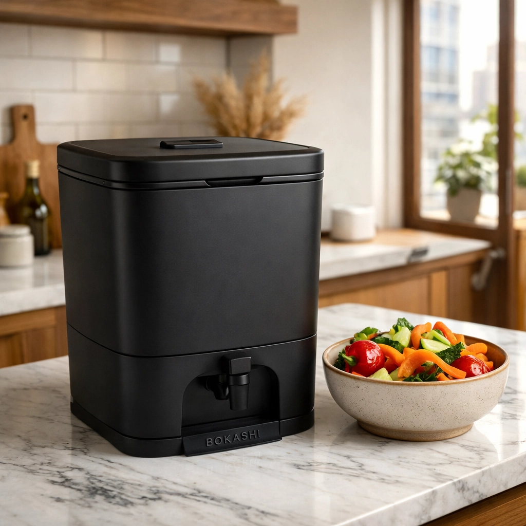 A matte-black Bokashi fermentation bin on a kitchen counter for indoor composting and waste reduction.