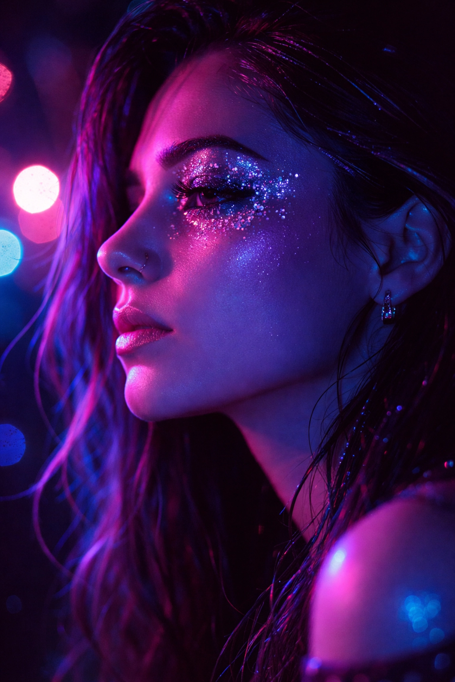 Neon-lit close-up of a young woman with glitter makeup, capturing Euphoria Season 3's trending aesthetic