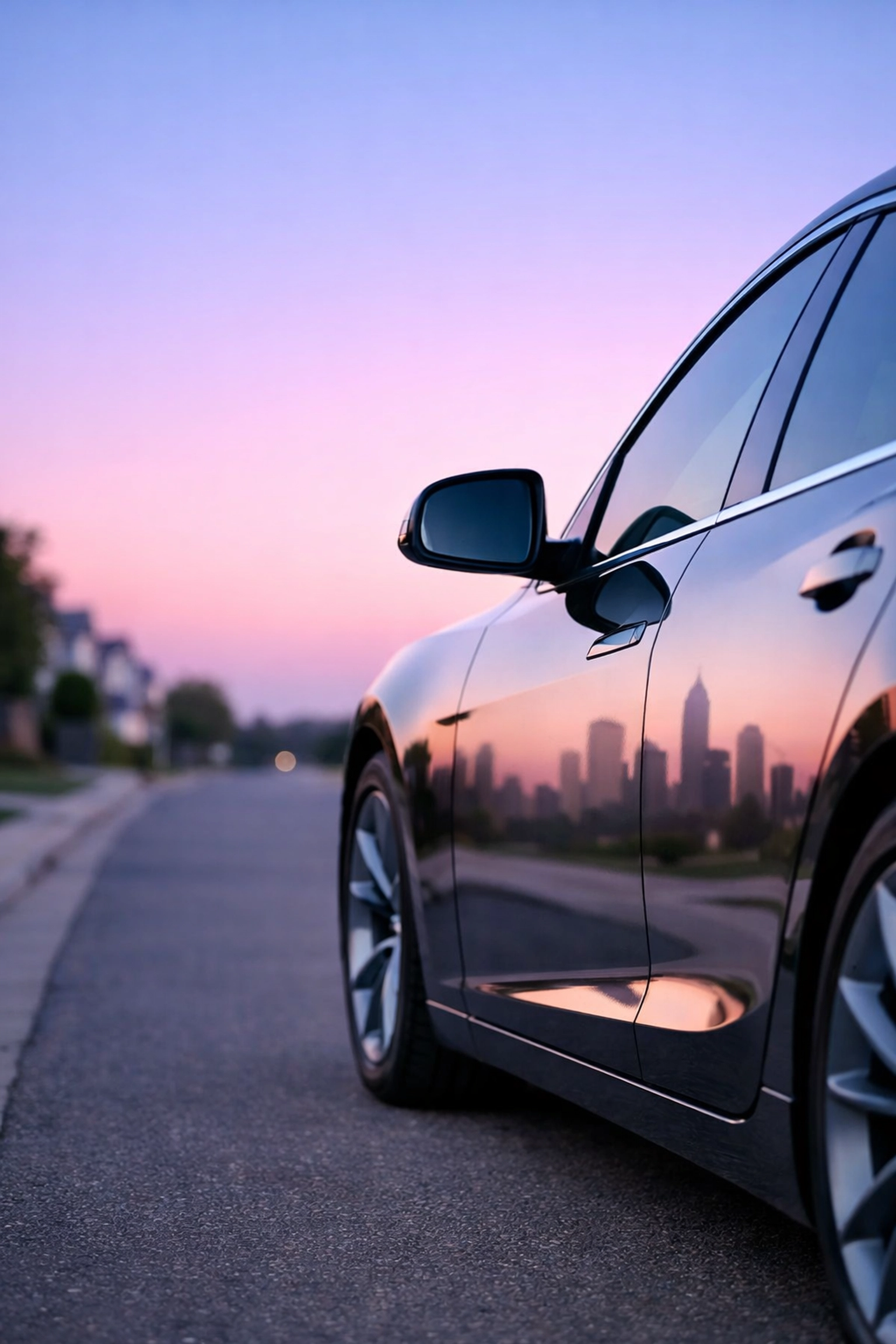 A car parked on a quiet street reflecting a city skyline, showing location-based insurance costs.