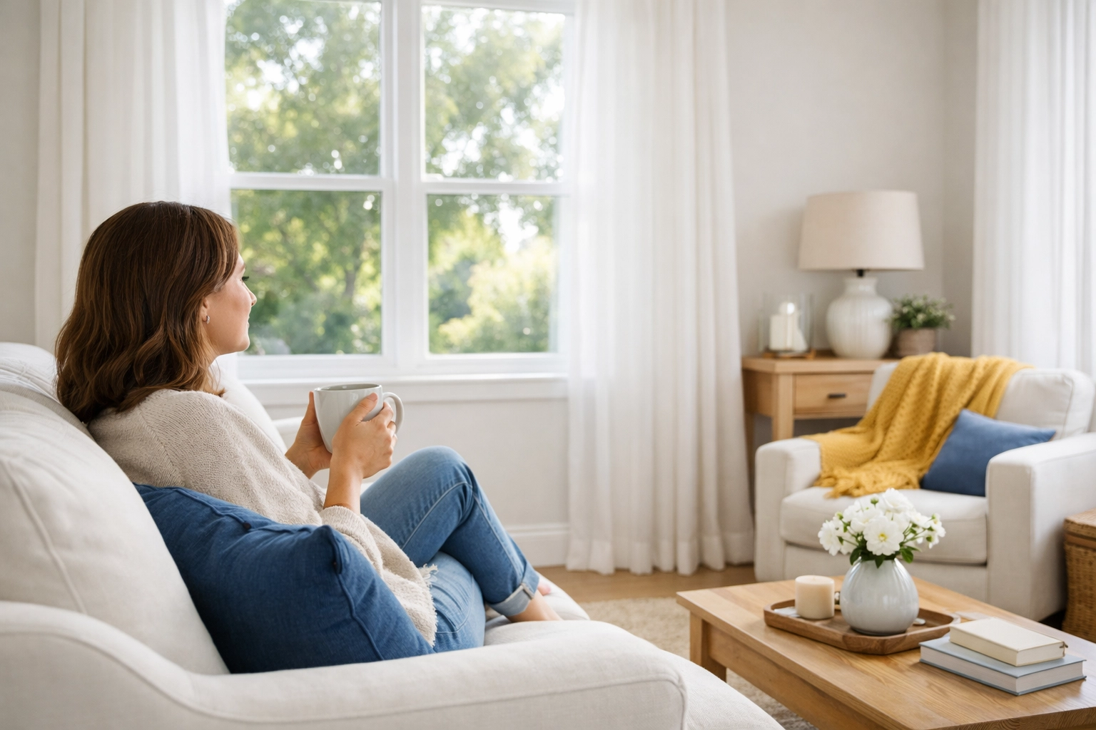 Relaxed homeowner in a tidy living room after using professional house cleaning services MA.