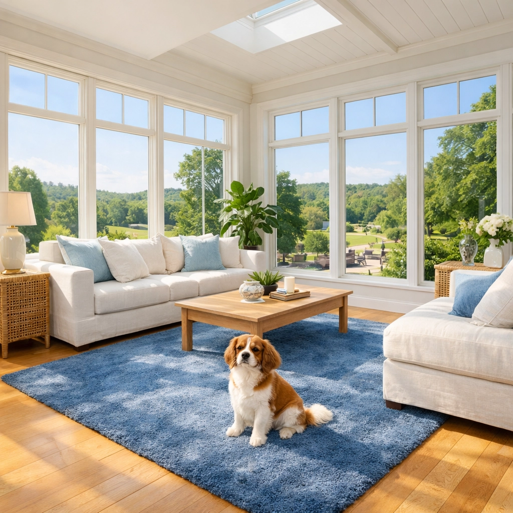 Eco-friendly Weston estate cleaning in a sunroom with white sofas, ensuring a pet-safe and healthy home.