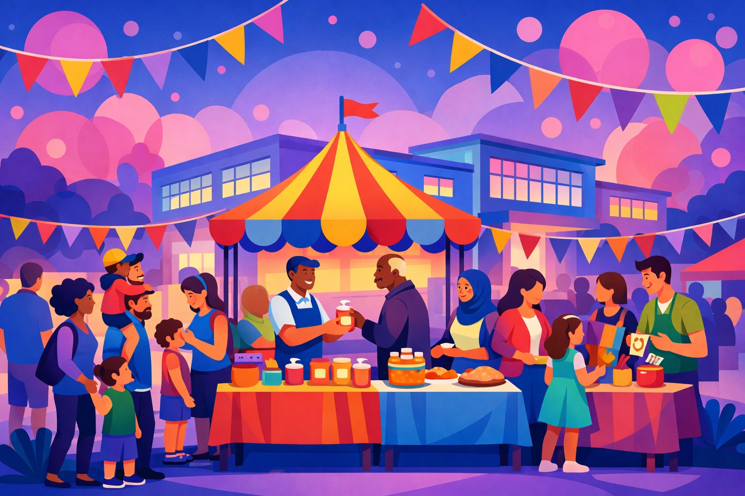 Local business owners and families interacting at a school community fair to support education and student events.