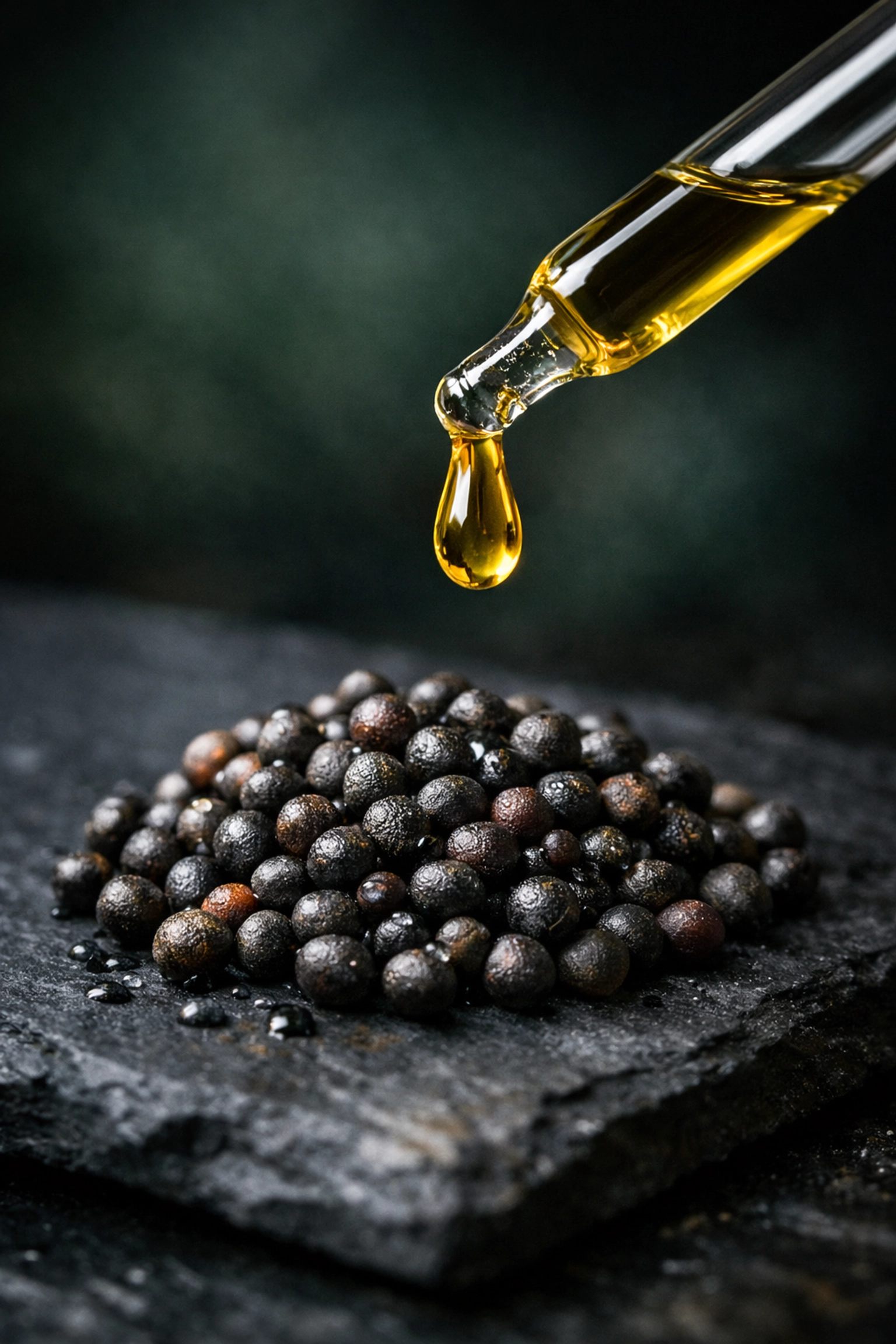 Pure golden cold-pressed broccoli seed oil dripping from a glass dropper for natural beard hydration.