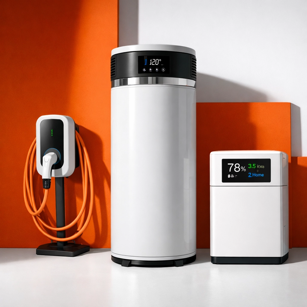 Building electrification equipment: heat pump water heater, EV charger, and battery storage unit