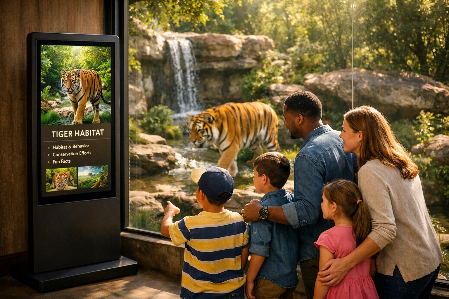 Family enjoying a zoo exhibit next to a digital signage kiosk used for brand sponsorship and marketing.