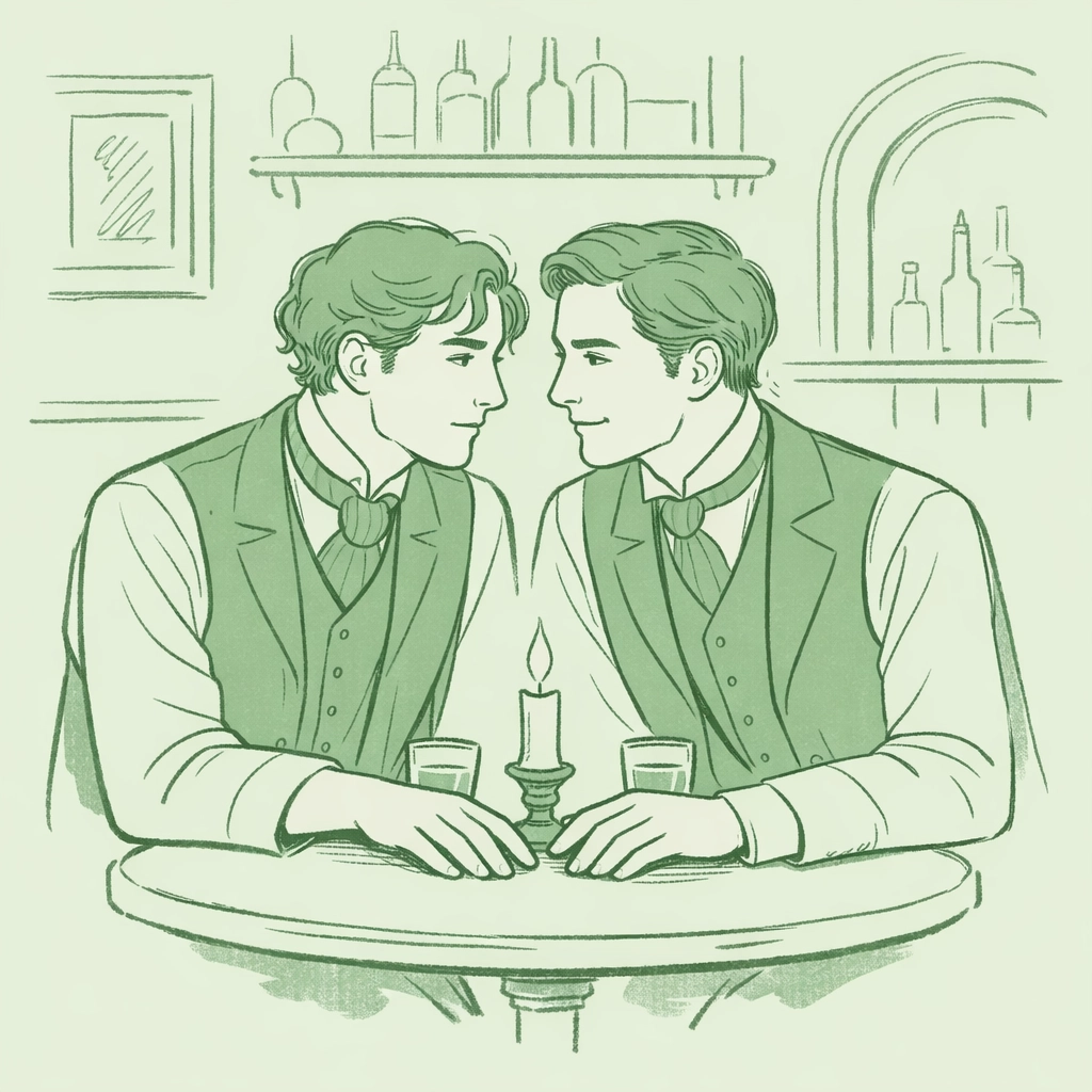 Illustration of two men in Victorian attire sharing an intimate moment in a historic Soho bar.