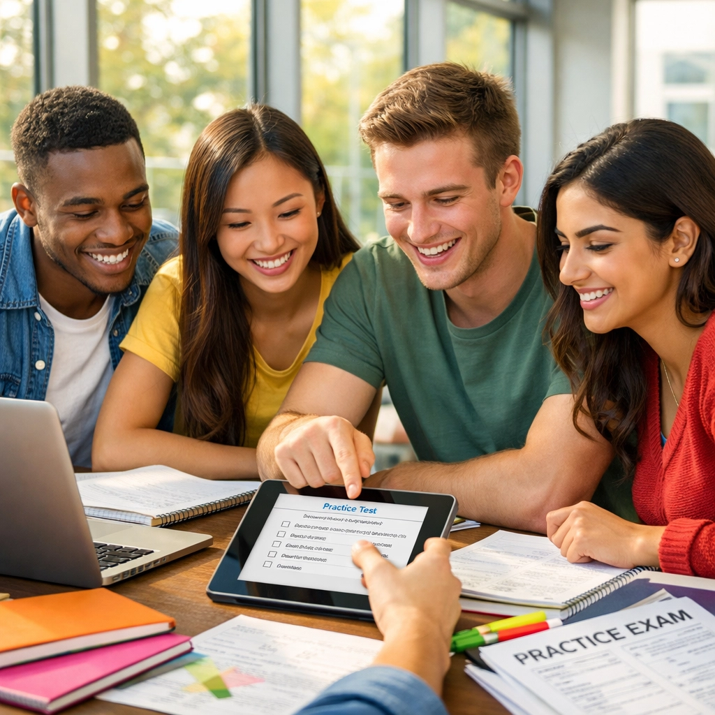 College students collaborating on CLEP test prep with laptops and study materials