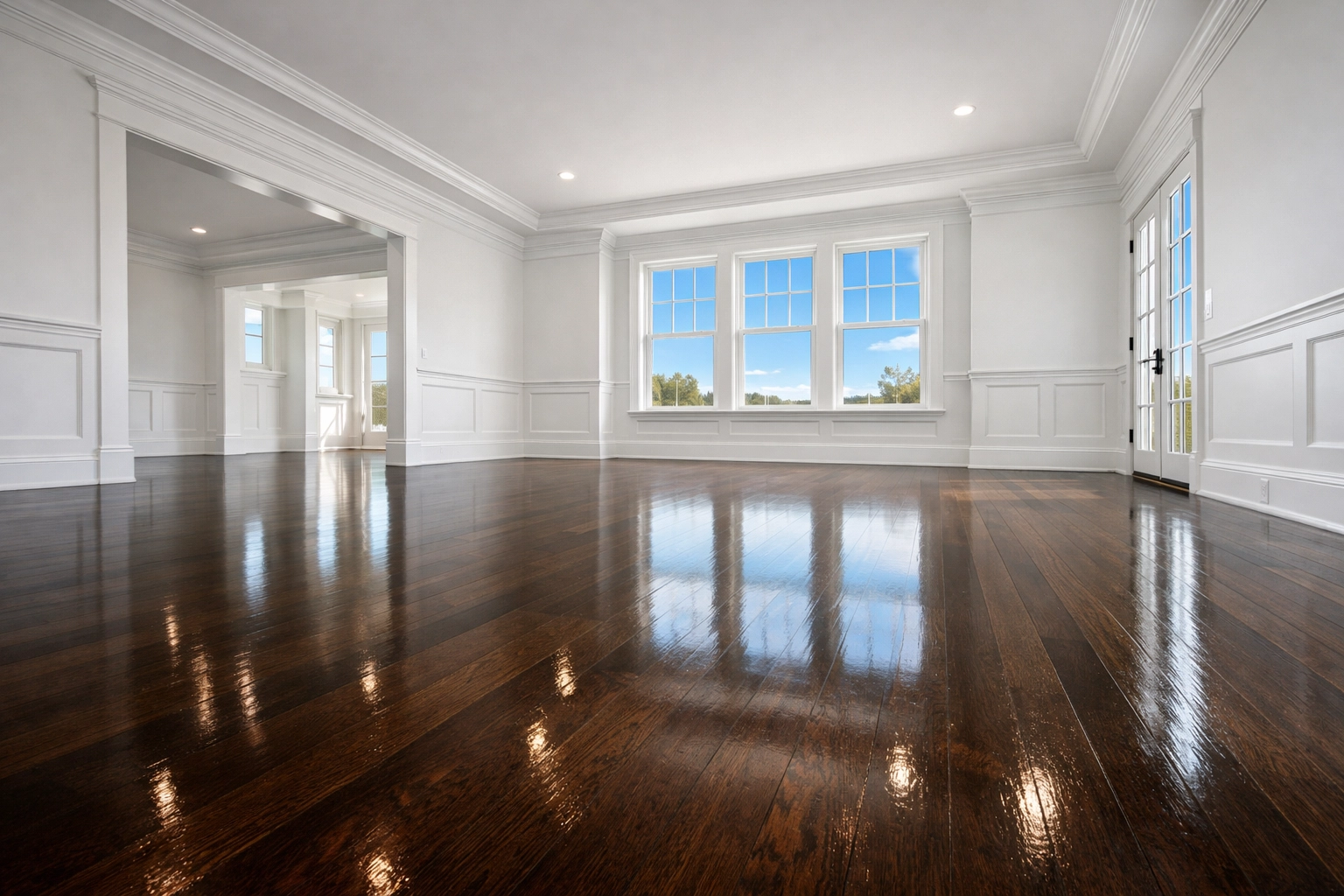 Polished hardwood floors in an empty home after move-out house cleaning Townsend MA.
