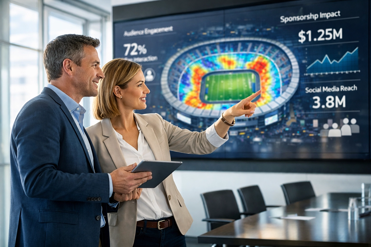 Business professionals analyzing stadium marketing metrics and data in a modern boardroom.