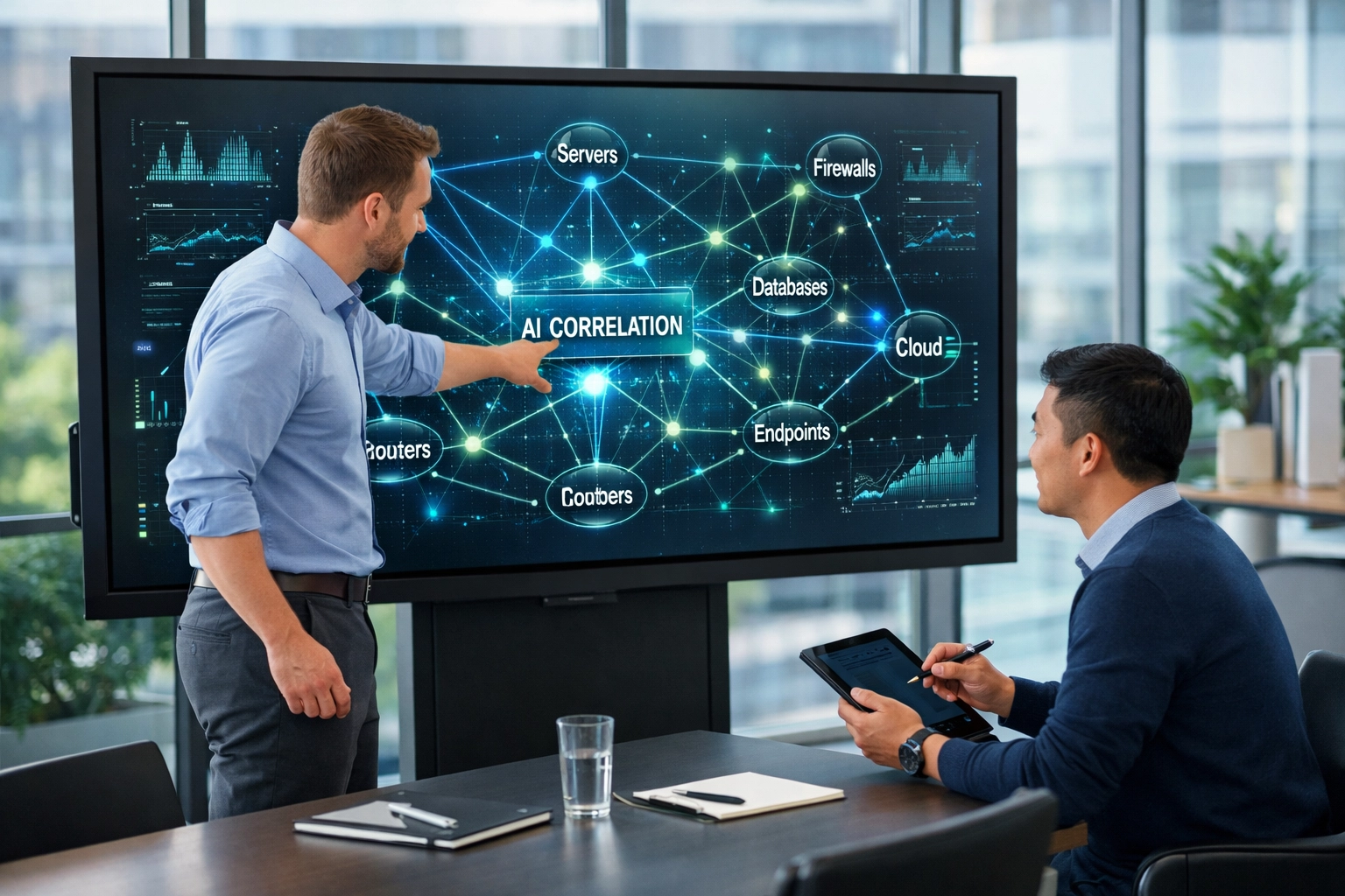 IT consultants analyzing ServiceNow ITOM network topology for automated remediation workflows