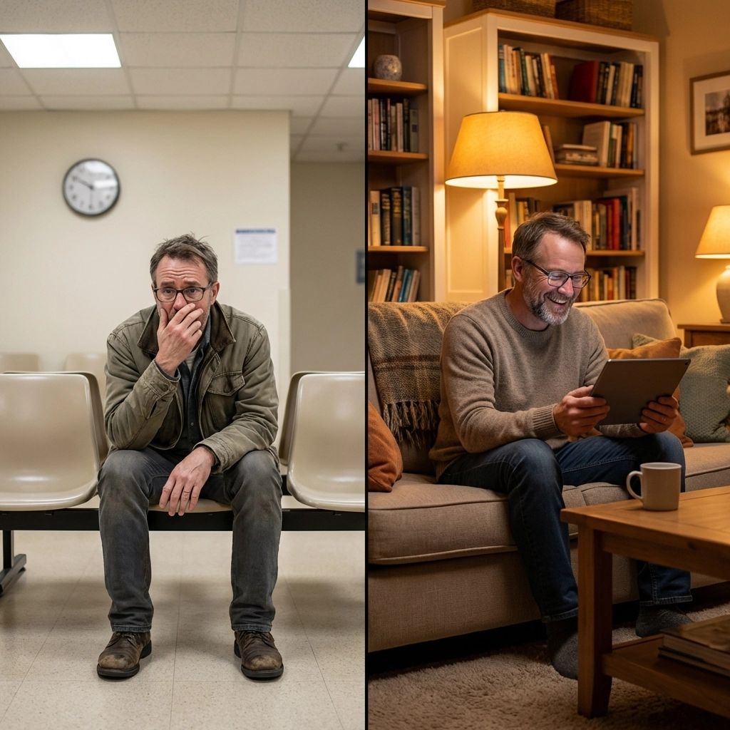 Comparison of anxious man in a medical waiting room versus a relaxed man at home, highlighting convenience of no-exam life insurance.