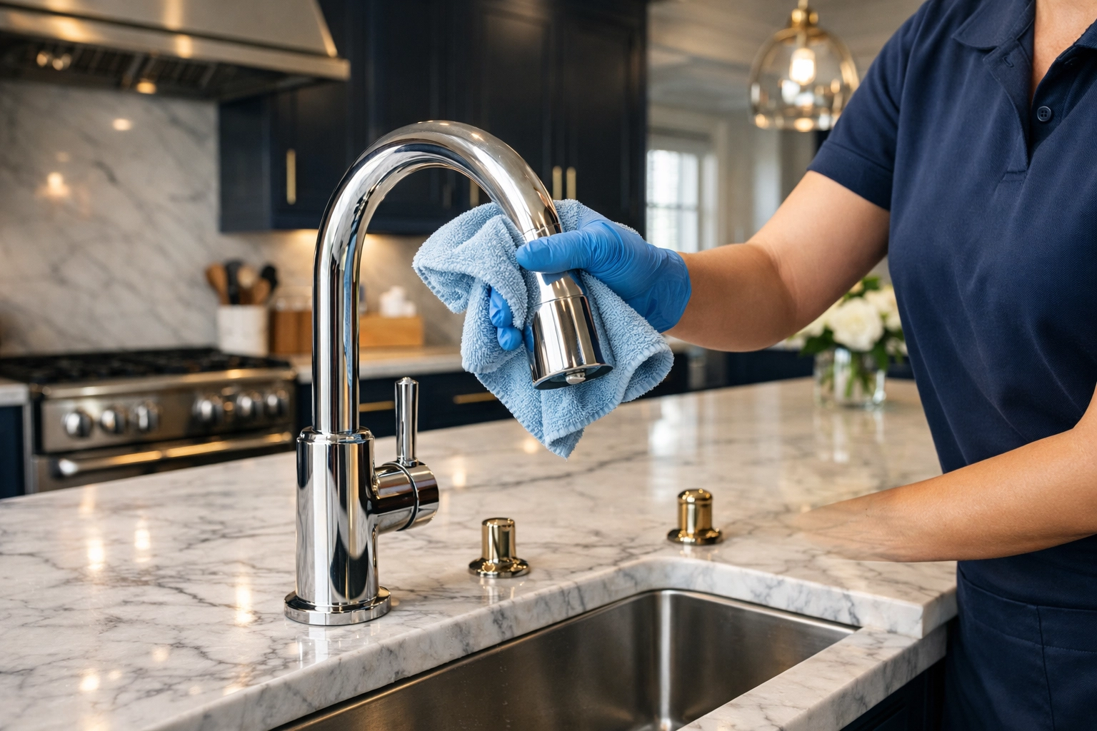 A professional cleaner detailing a kitchen, part of a thorough Marblehead house cleaning for a luxury estate.