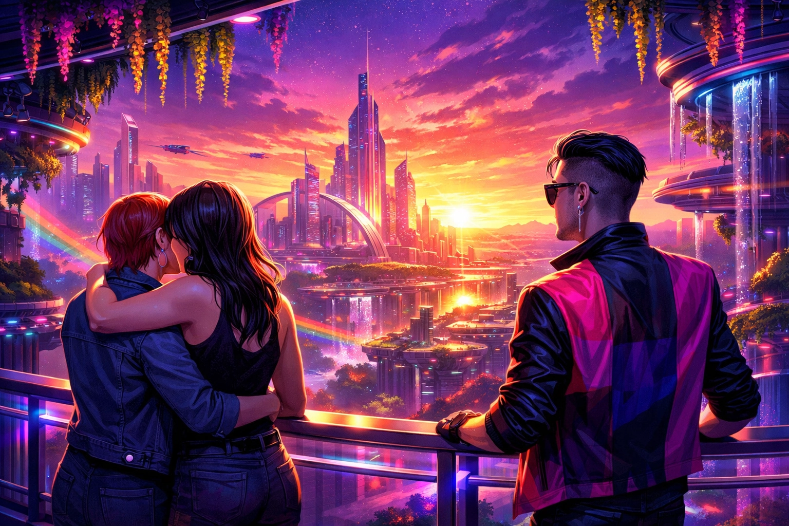 Diverse LGBTQ group overlooking a futuristic city at dawn, symbolizing queer resilience and visionary queer fiction themes.