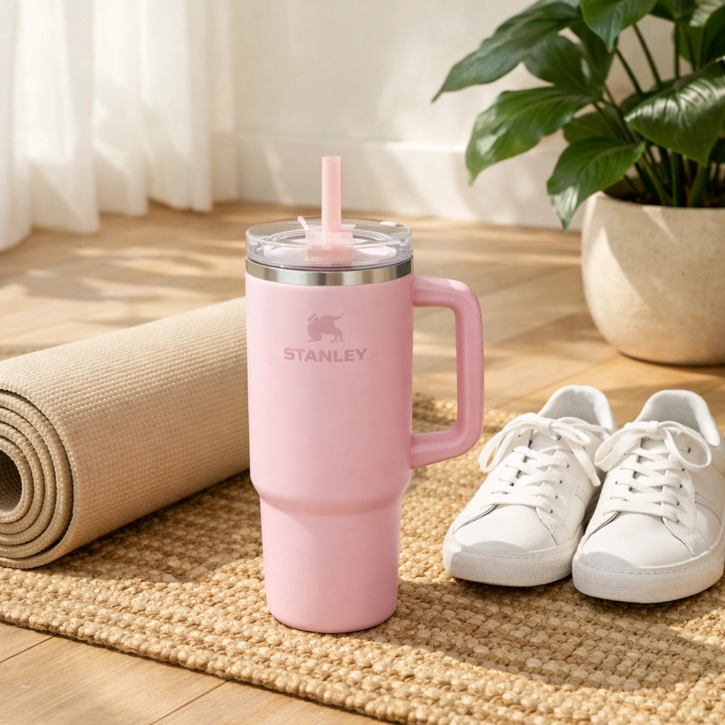 Cherry Blossom Stanley tumbler with a yoga mat for a daily wellness and hydration habit routine.