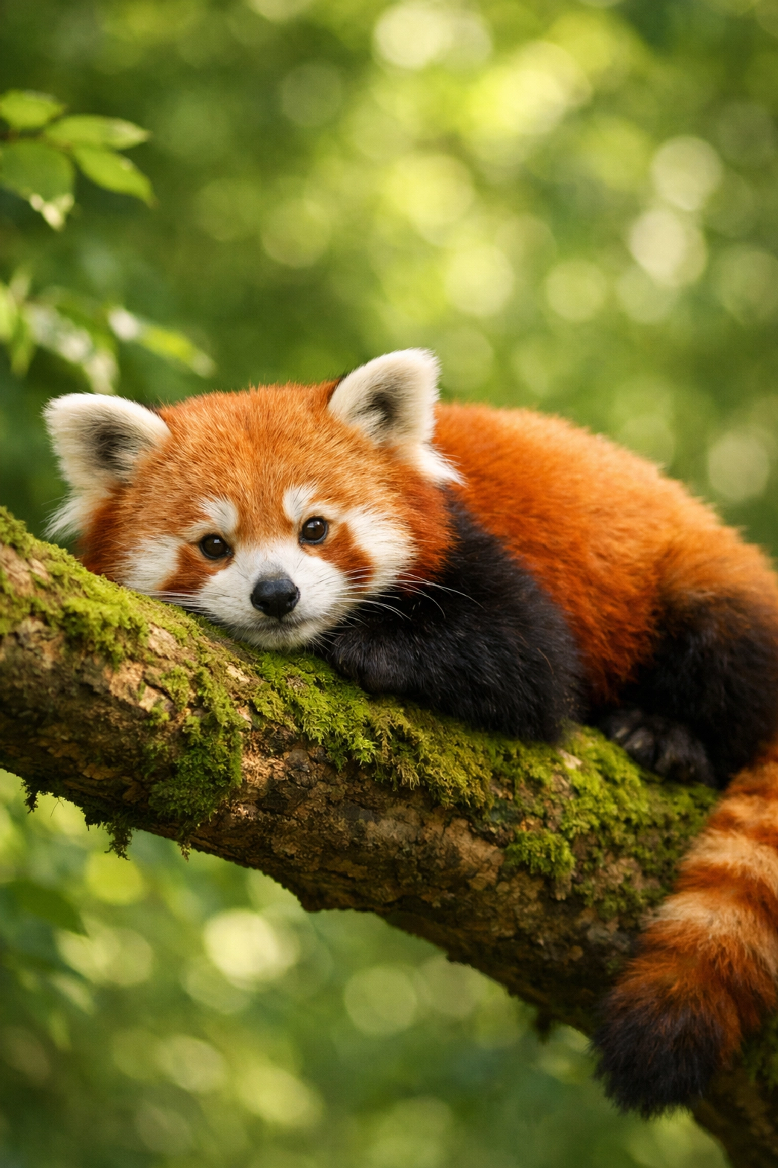 A red panda in its natural green habitat, showcasing species-specific content for branded animal spotlights.