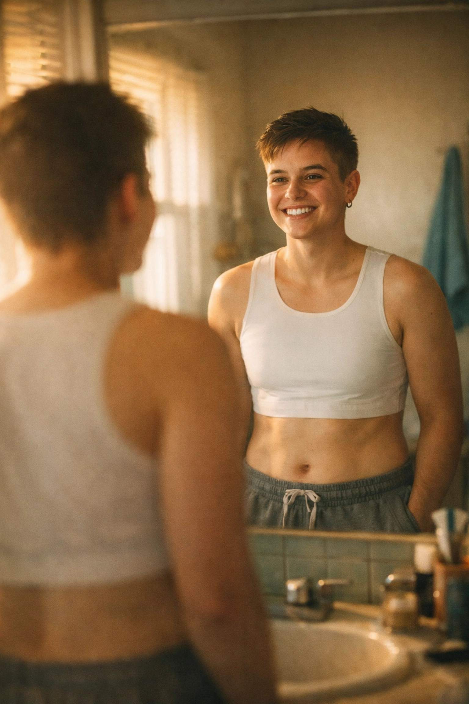 Trans masculine person experiencing gender euphoria while looking at their reflection