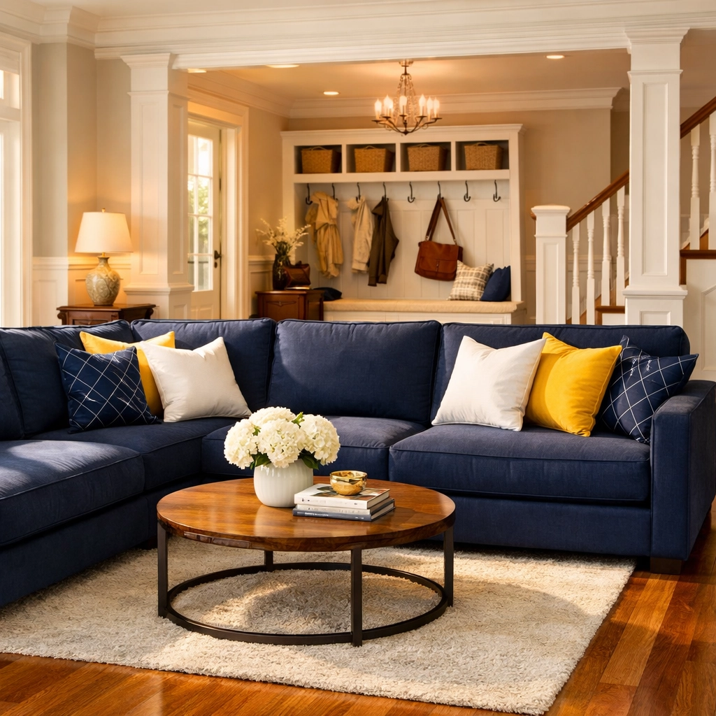 Spacious, dust-free living room with navy accents, prepared for the season by a Worcester cleaning service.
