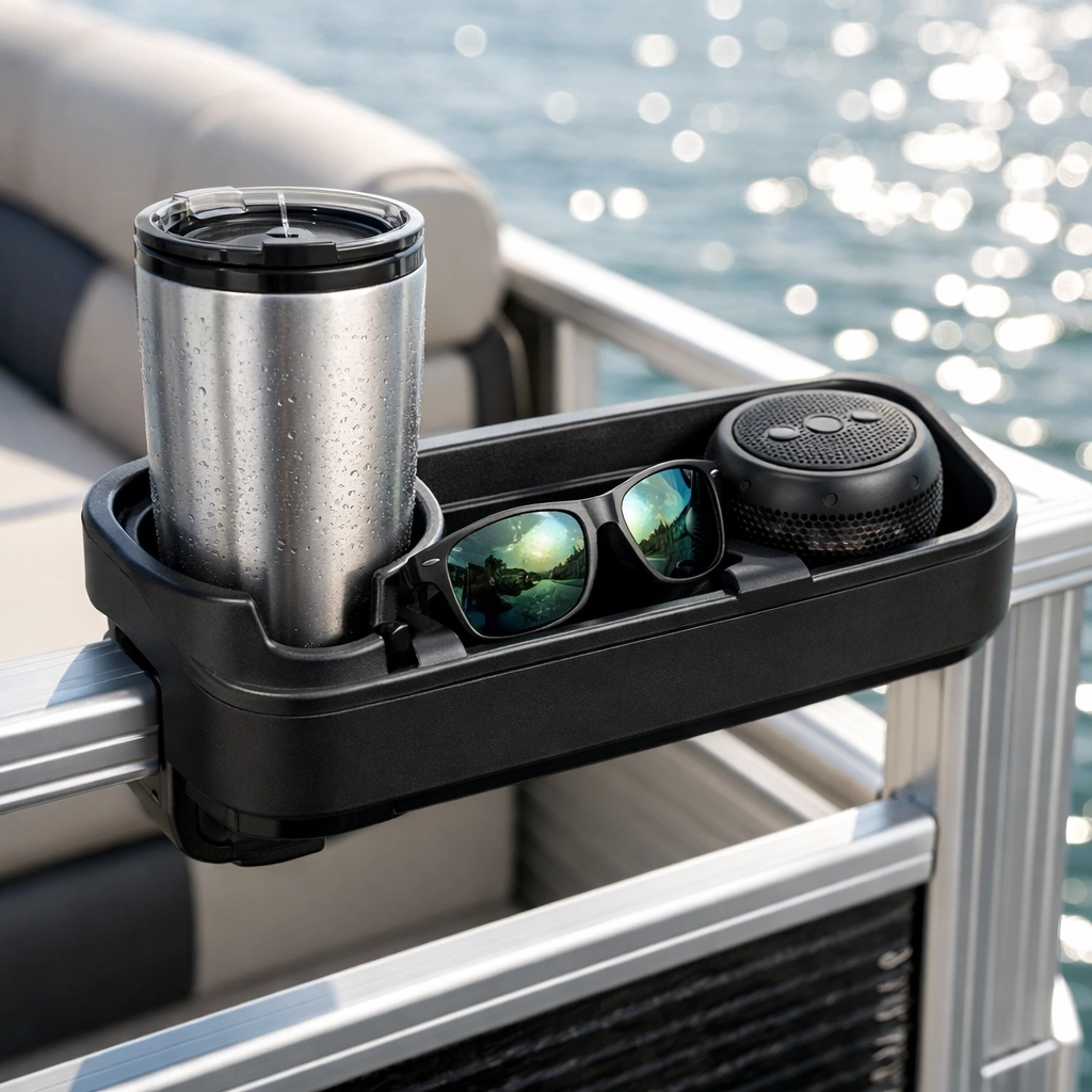Practical pontoon boat accessories like this rail-mounted refreshment caddy and cup holder.