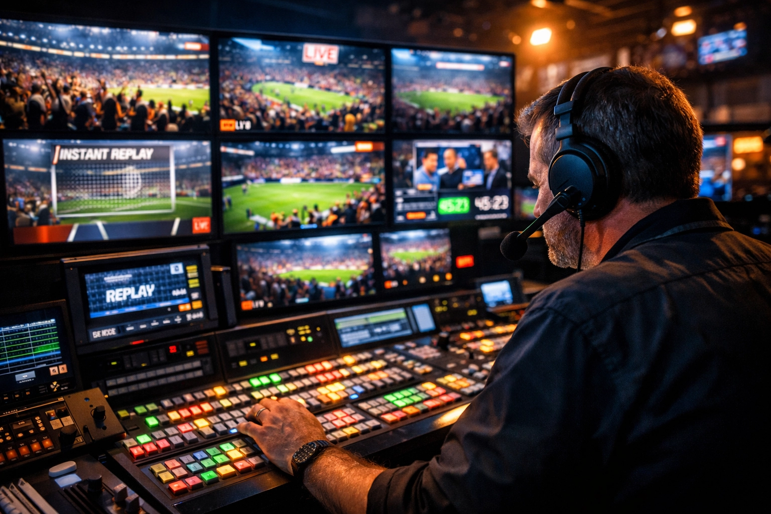 Broadcast control room managing live sports event production with multiple camera feeds