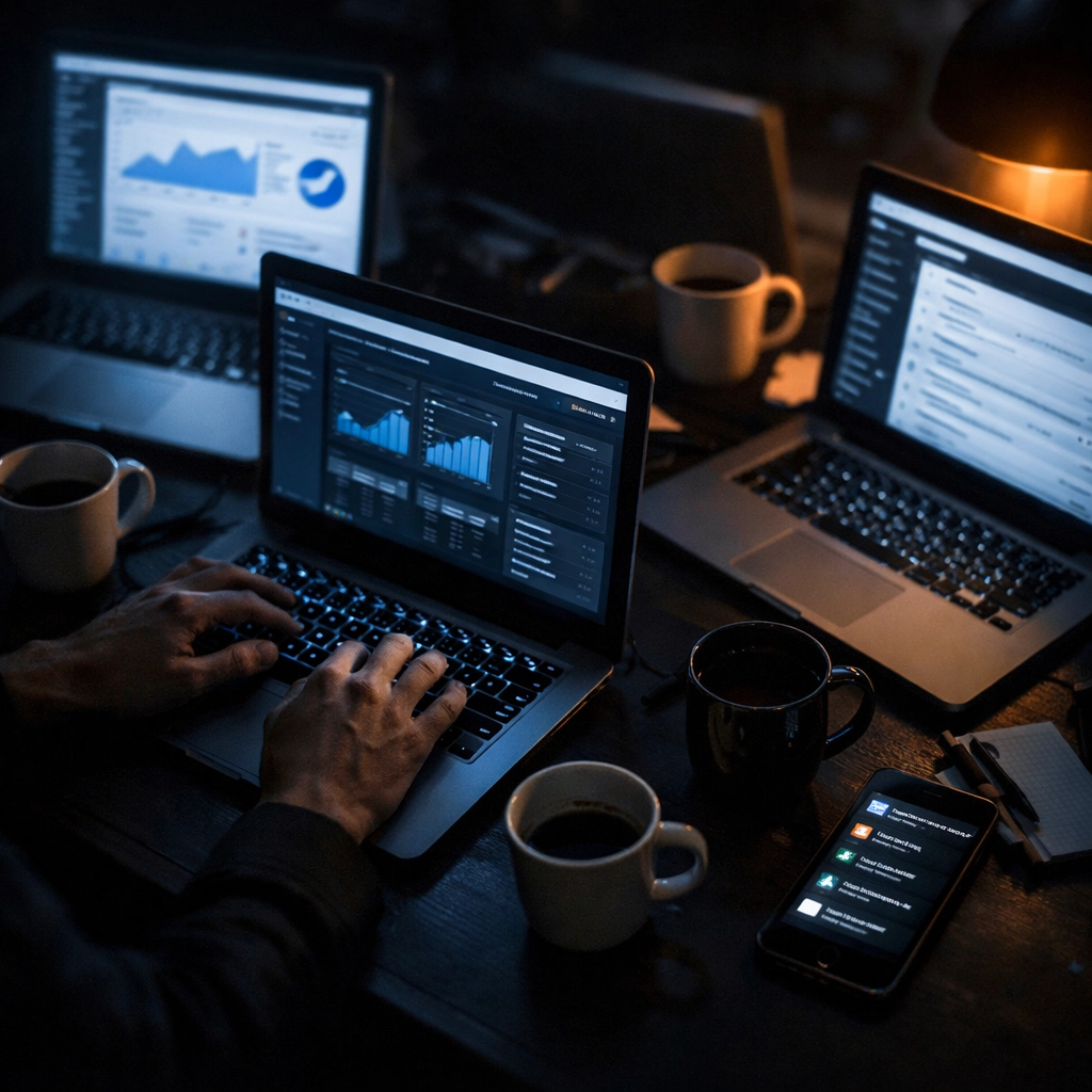 Freelance SDR juggling multiple clients on different laptops showing divided attention