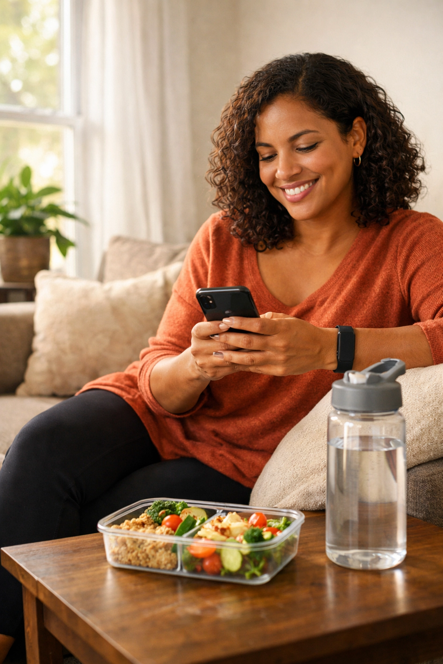 Woman comfortably using telehealth weight loss services from home via smartphone