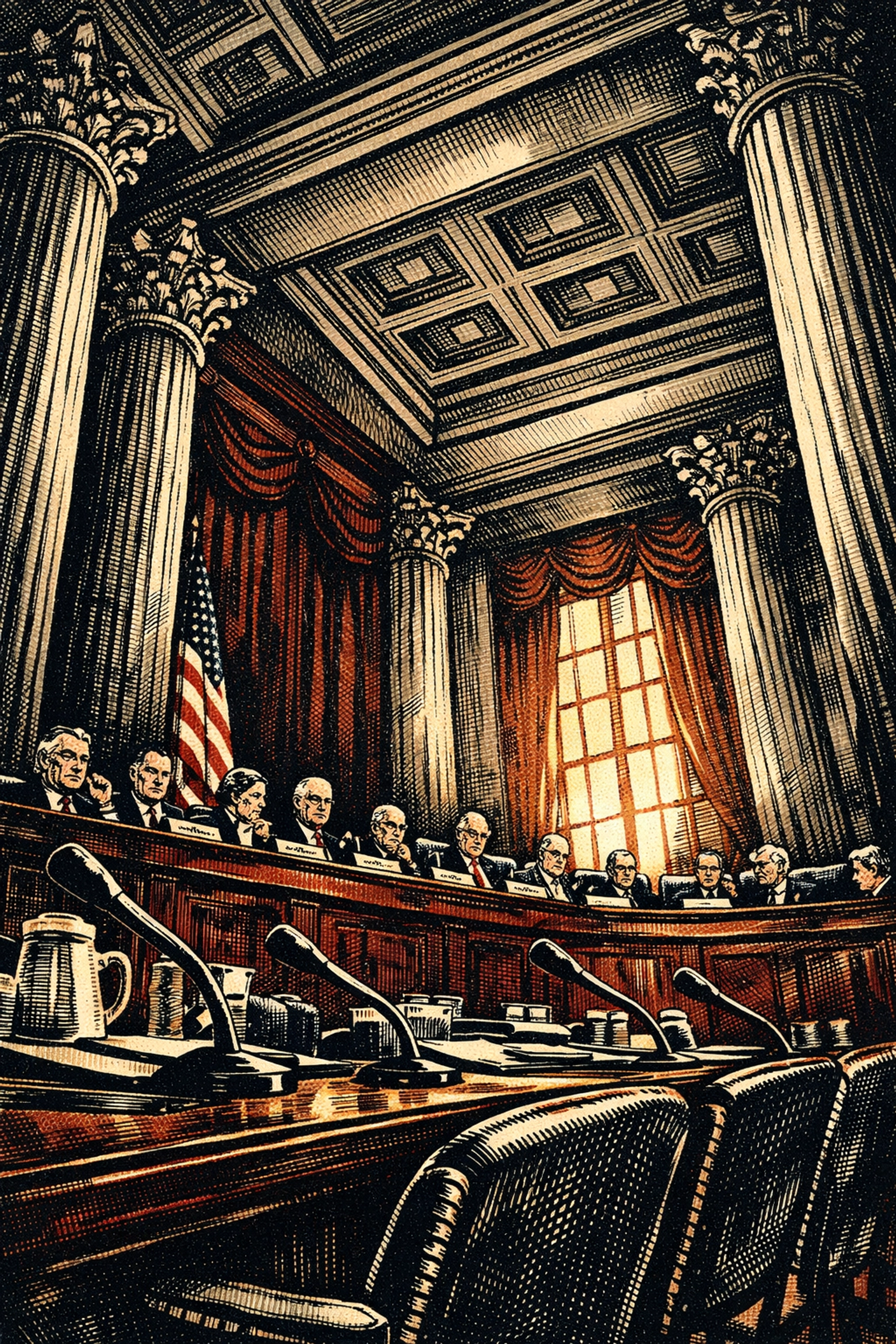 Senate hearing room with classical columns showing bipartisan support for FBI leadership