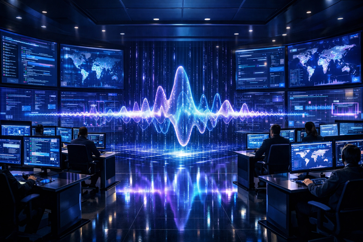 A high-tech cybersecurity command center monitoring real-time data to prevent AI security breaches.