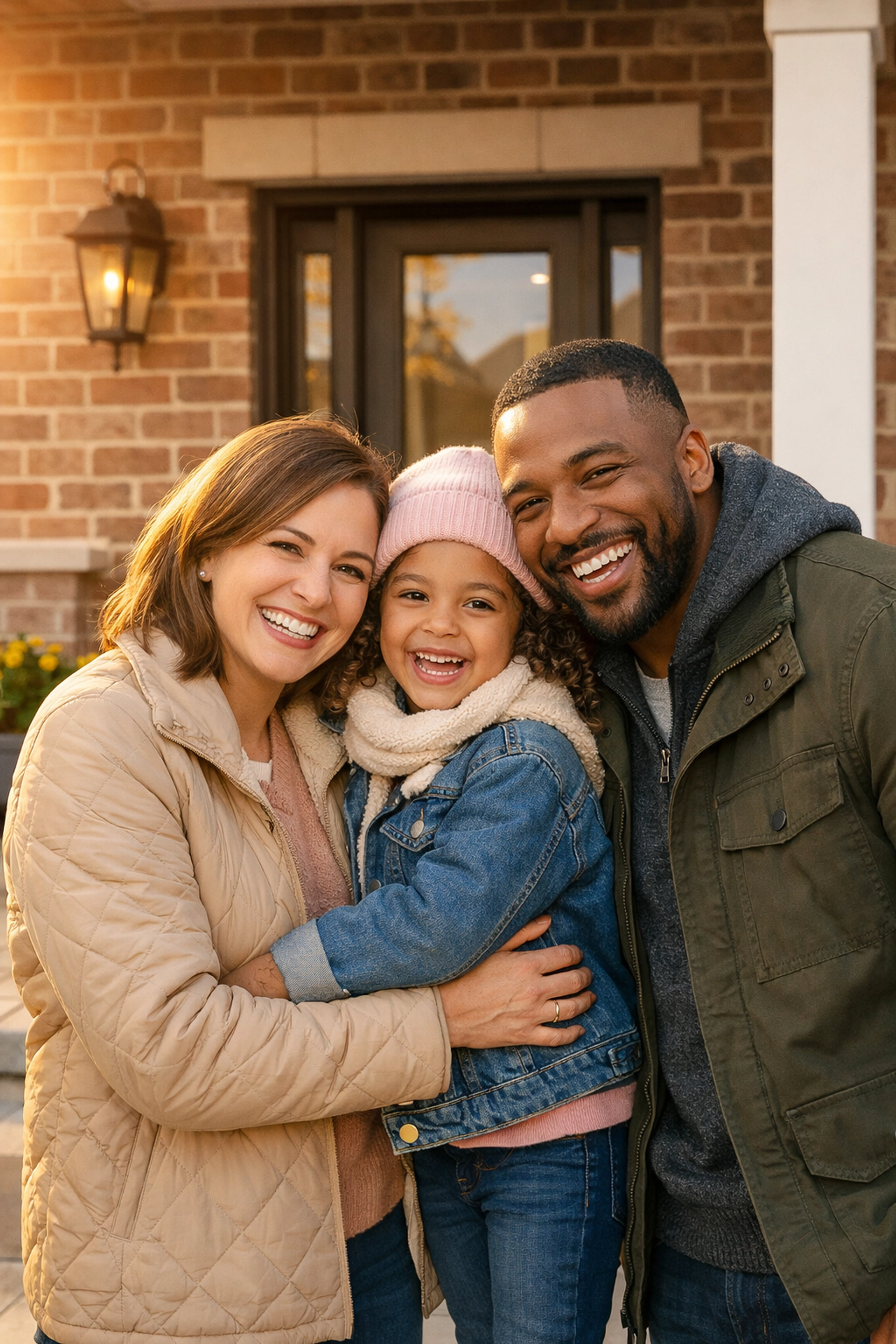 Happy family celebrating on the porch of their new modern home in Vaughan, Ontario.