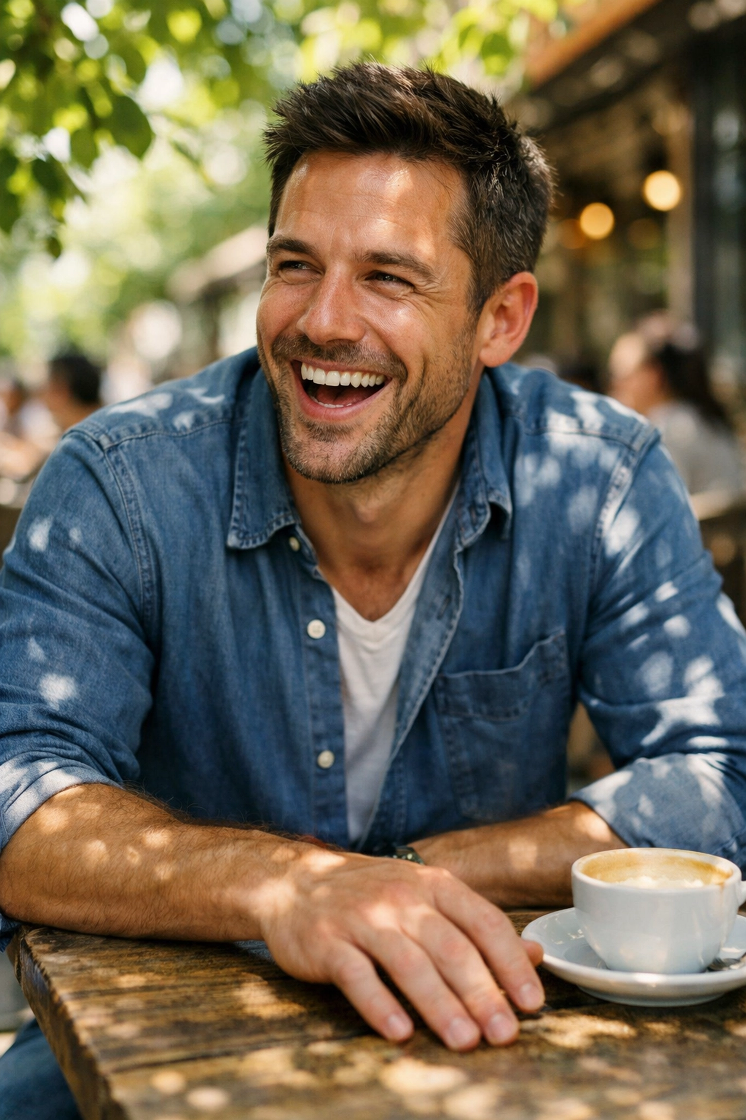 Candid portrait of a man laughing, demonstrating how to direct subjects and fix posing mistakes in photography.