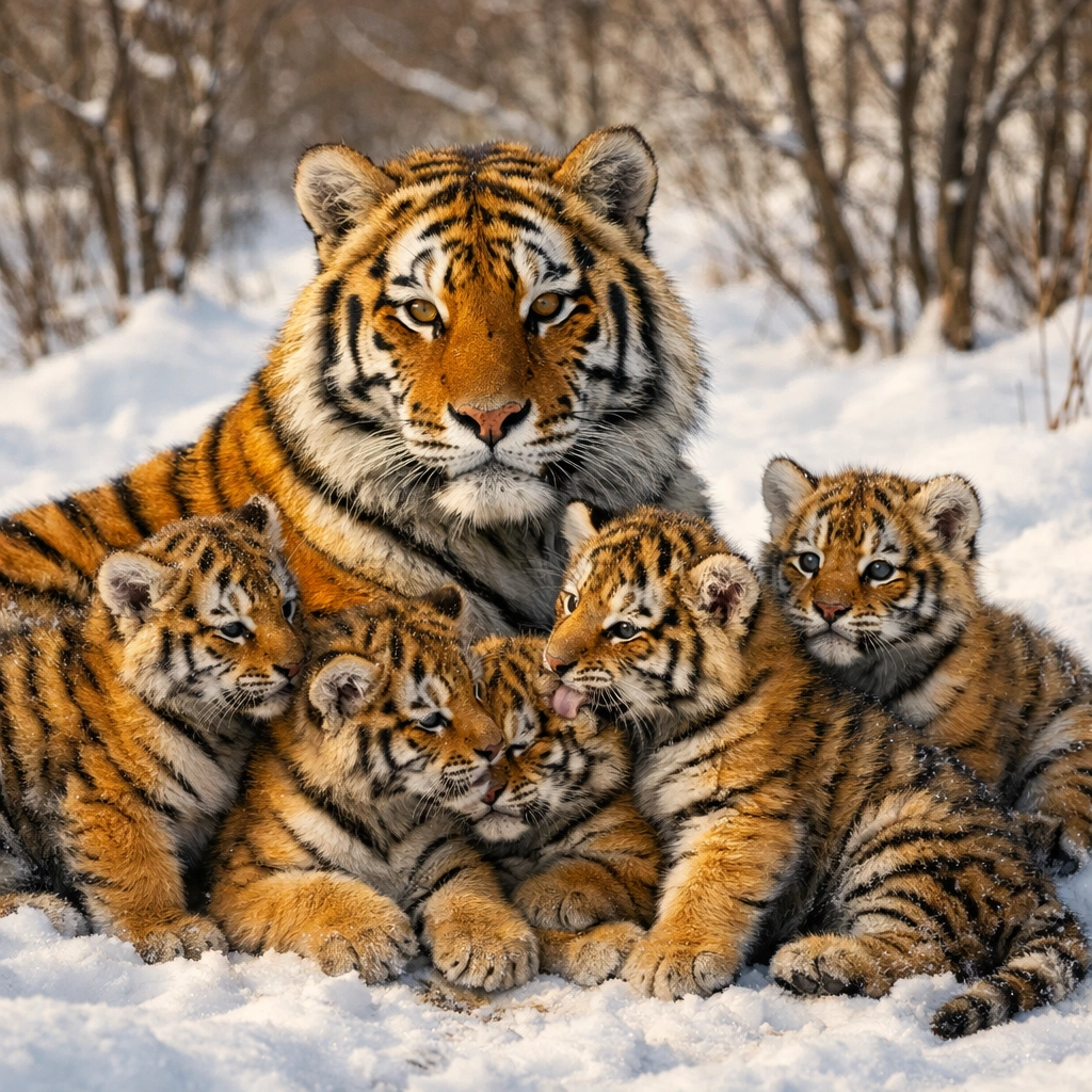 Siberian tigress with five cubs in northeast China showing successful tiger conservation