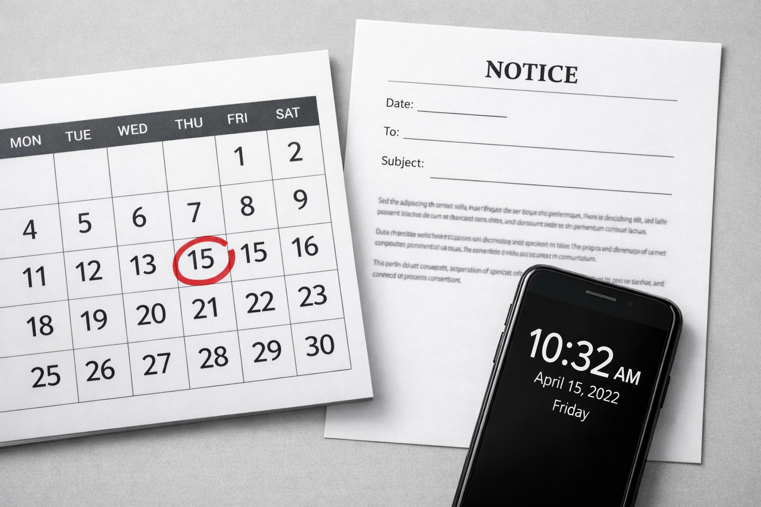 Calendar and notice document showing 6-day advance eviction notice requirement in Maryland