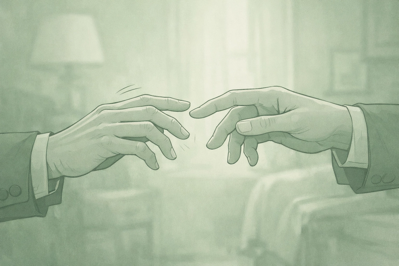 Close-up of two men's hands nearly touching showing emotional tension in gay romance