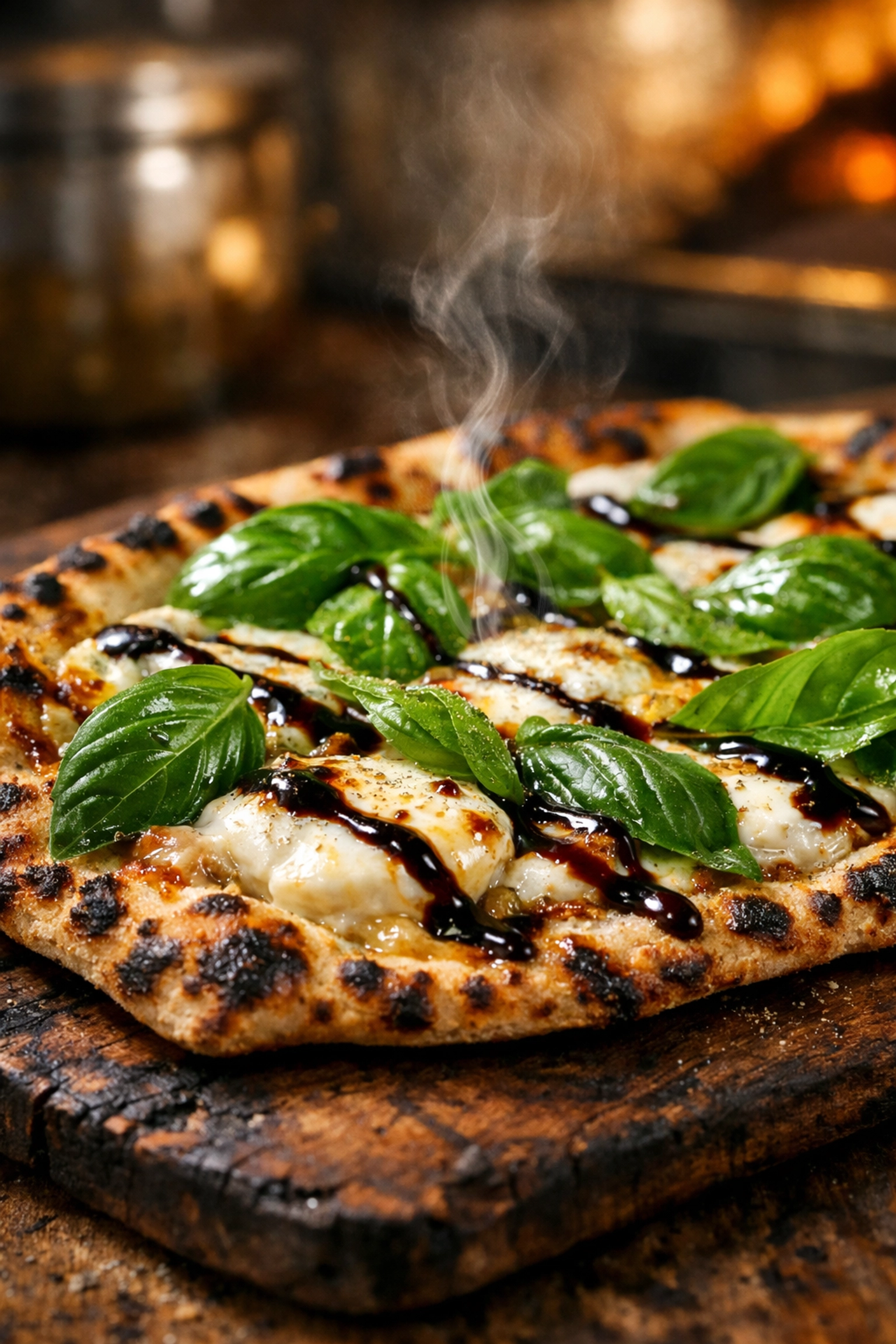 Artisan flatbread pizza with fresh basil and mozzarella served from a local pizza truck in Utah.