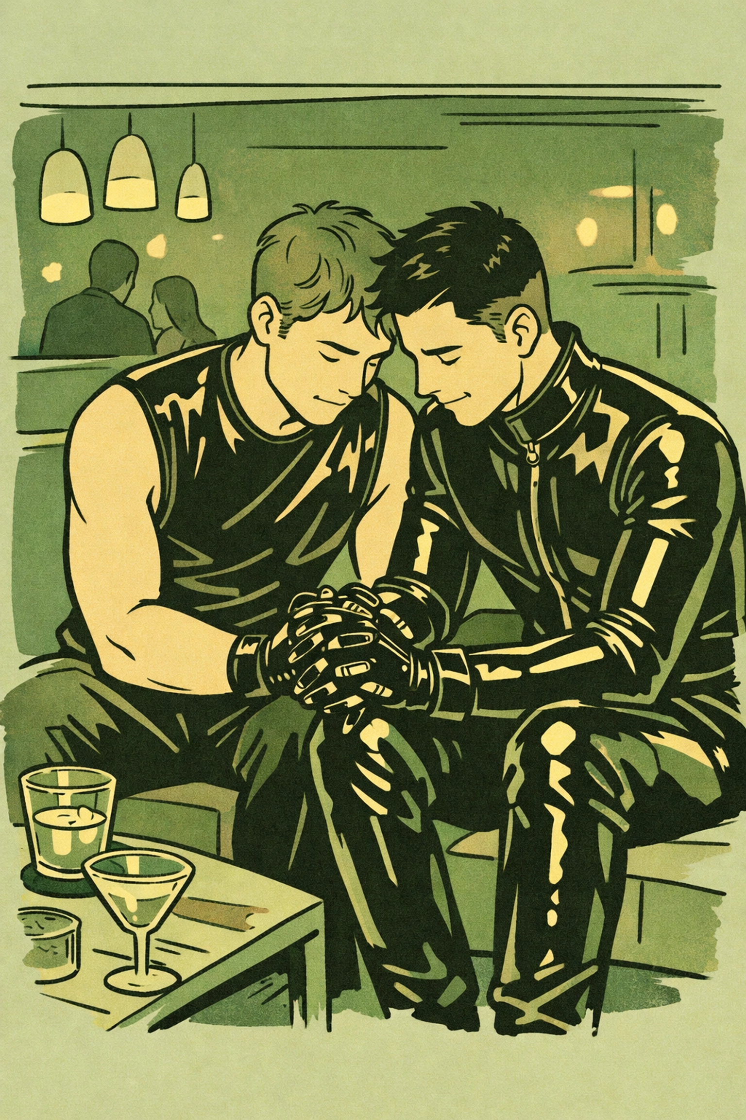 Two men in latex holding gloved hands together in club lounge - MM rubber romance intimacy