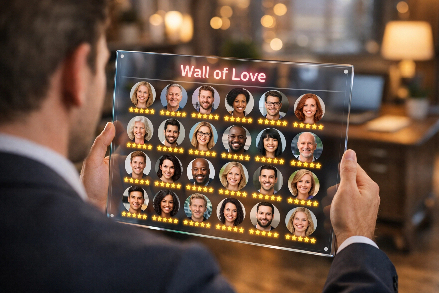 A professional viewing a digital wall of love mosaic featuring customer faces and high ratings on a tablet.