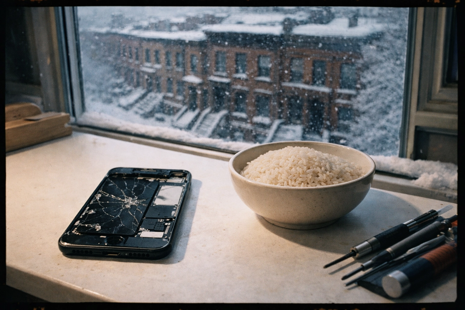Cracked iPhone screen next to rice bowl on repair workbench - debunking the rice myth