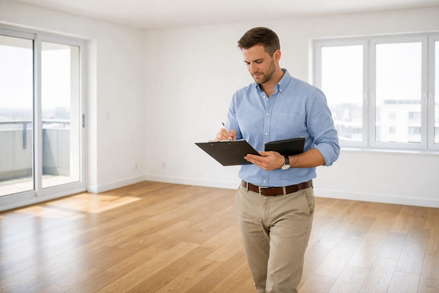 Property manager conducting pre-move-out walkthrough in empty apartment unit