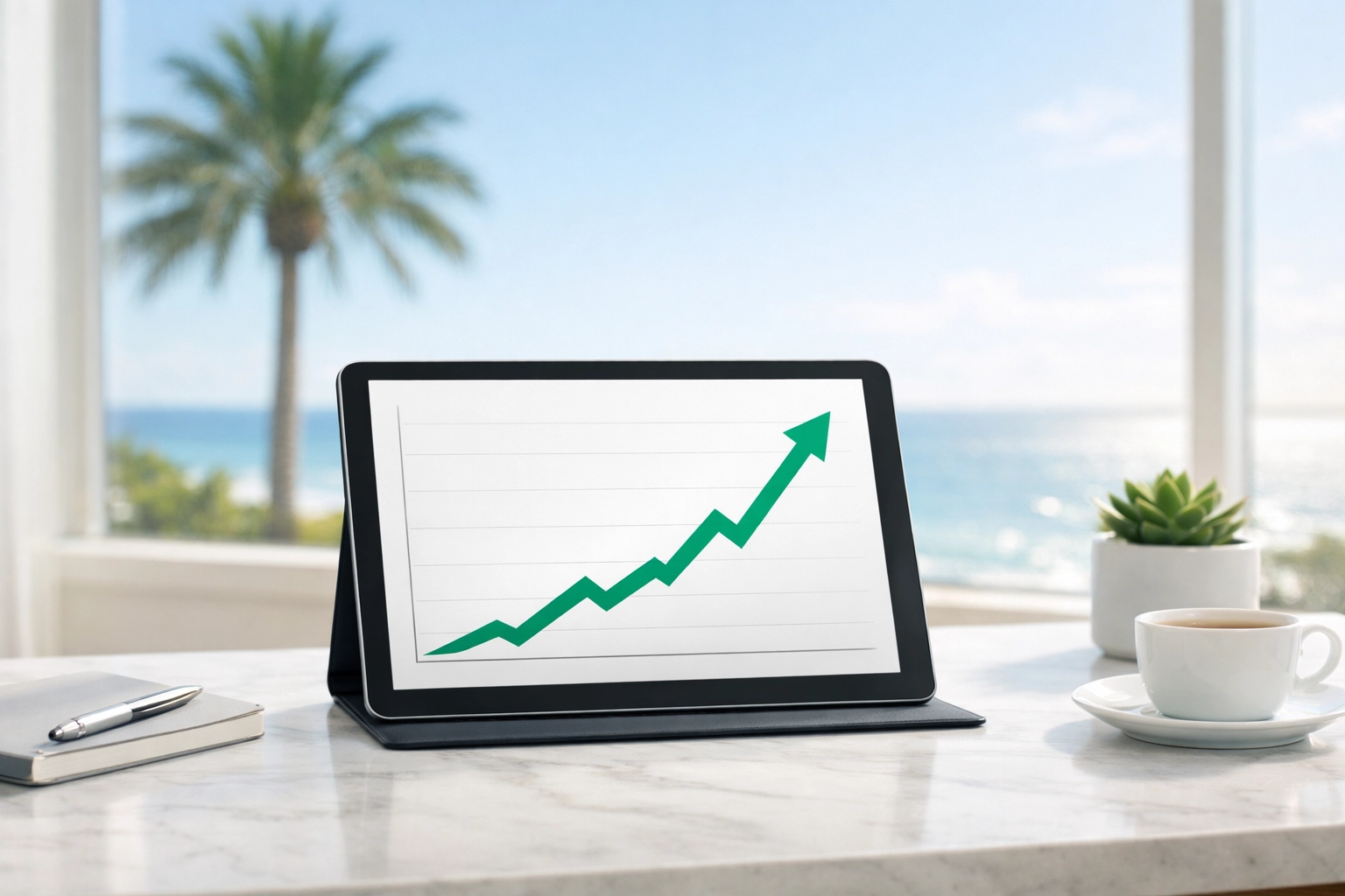 Growth chart on a tablet in a Tampa office showing results from a top digital marketing agency.