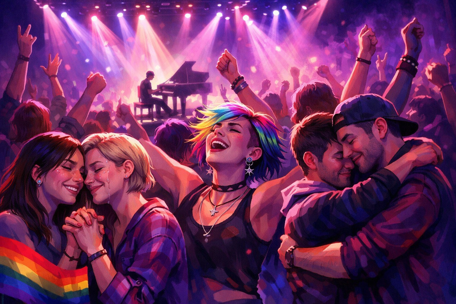 Diverse LGBTQ+ community at emotional concert celebrating queer safe spaces and connection