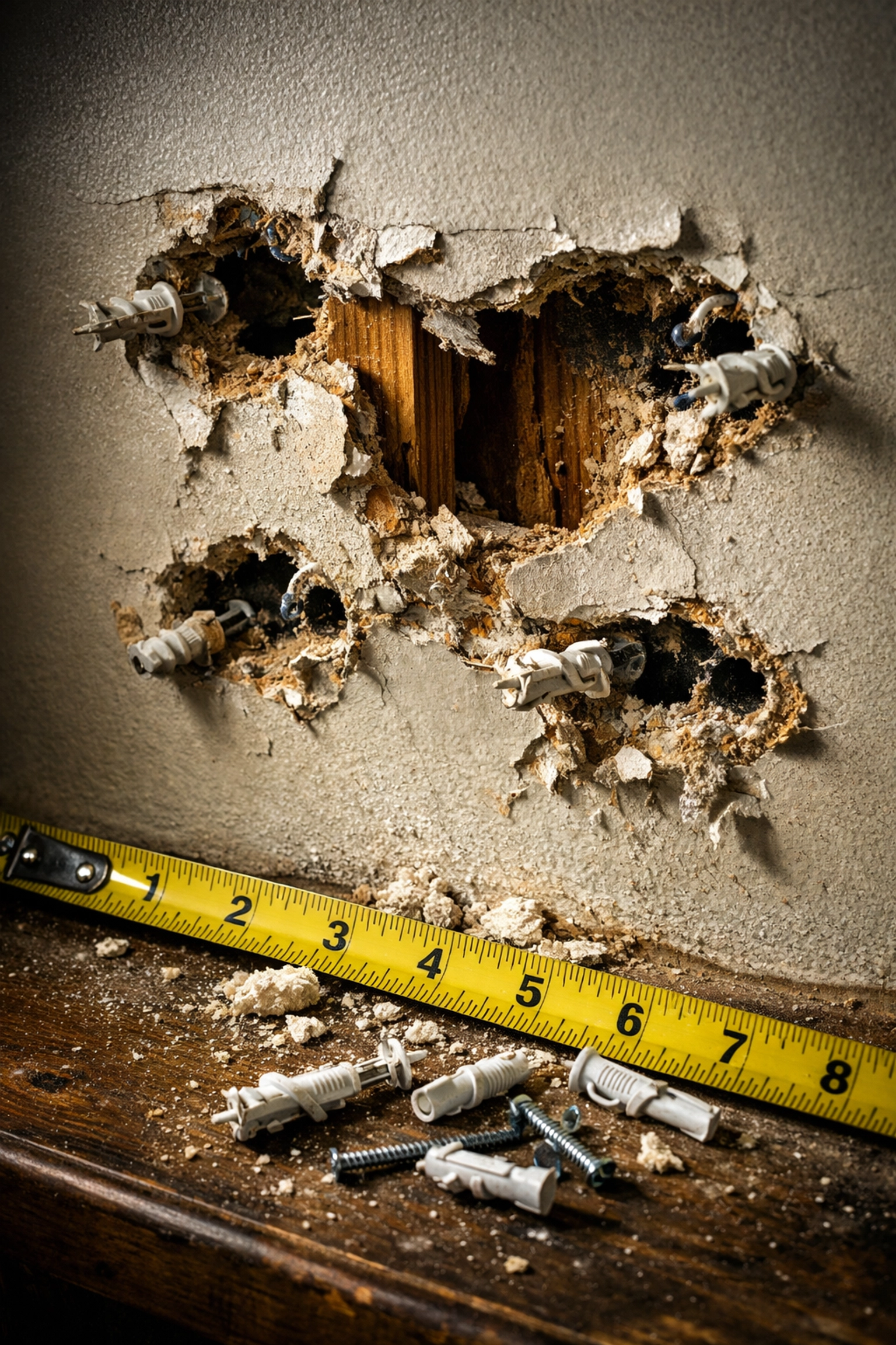 Wall damage from wall-mounted pull-up bar installation showing drill holes and torn drywall