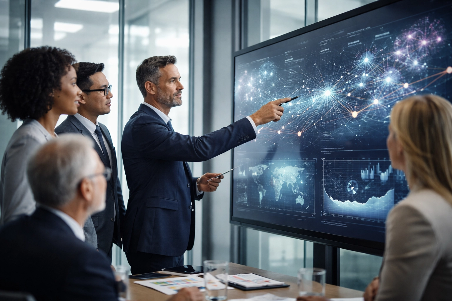 Executive team analyzing interactive data visualizations in a modern boardroom to drive strategic growth
